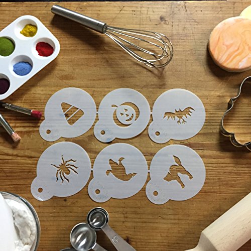Designer Stencils C065 Halloween Cupcake And Cookie Stencil Set With Cat, Candy Corn, Spider, Ghost, Bat And Pumpkin, Beige/Semi