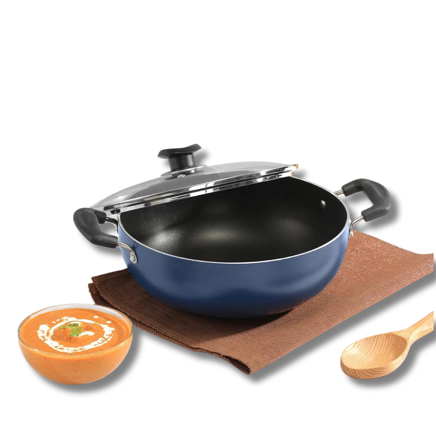 Vinod Zest Aluminium Non Stick Deep Kadhai With Glass Lid - 1.4 Litre, 18Cm | 3 Layer Ceramic Coating | 3 Mm Thick | Metal Spoon