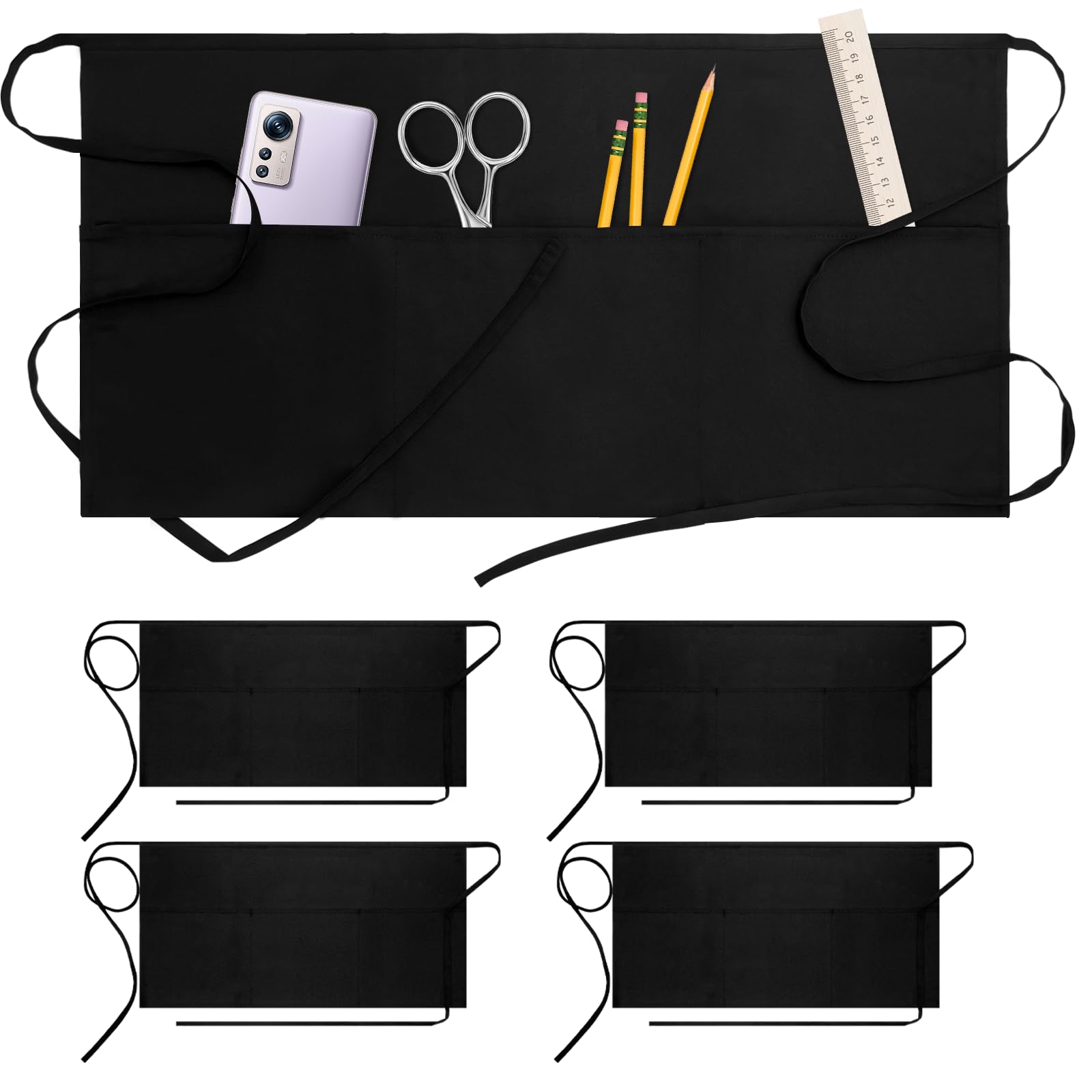Poxxu 4 Pack Waiter Aprons With 3 Pockets  Waitress Apron, Waterproof Short Aprons For Women And Men, Black.