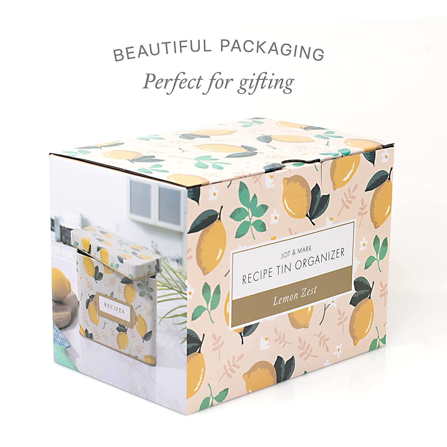 Jot & Mark Recipe Card Complete Gift Box | Decorative Recipe Tin Box (Lemon Zest)