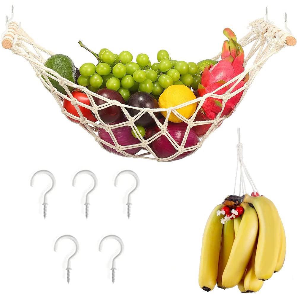 Anptght Cotton Fruit Basket With 5 Hooks, 10-20 Fruits Capacity, Under Cabinet Storage