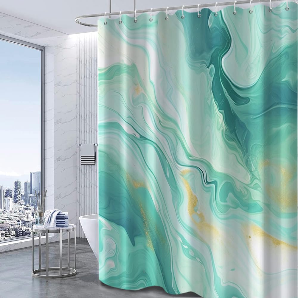Ruelvth Green Shower Curtain, Modern Turquoise Marble Shower Curtain For Bathroom Aesthetic Ink Texture Waterproof Fabric Shower