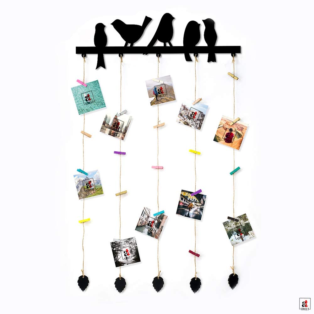 Art Street Birds Design Mdf Plaque Clip Rectangular Photo Collage Hanging Wall Mount Frame With Wooden Clips (Black, 18.5 X 32 I