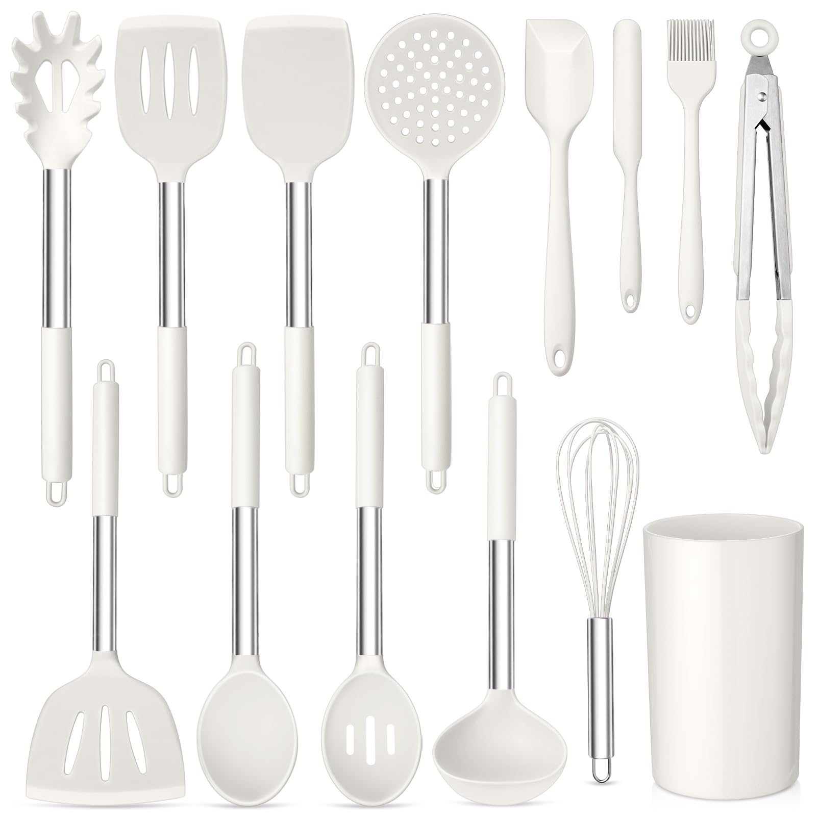TeamFar Cooking Utensils Set, 14 PCS Silicone Kitchen Utensils with Stainless Steel Handle, Soup Ladle Spatula Spoon Turner for 