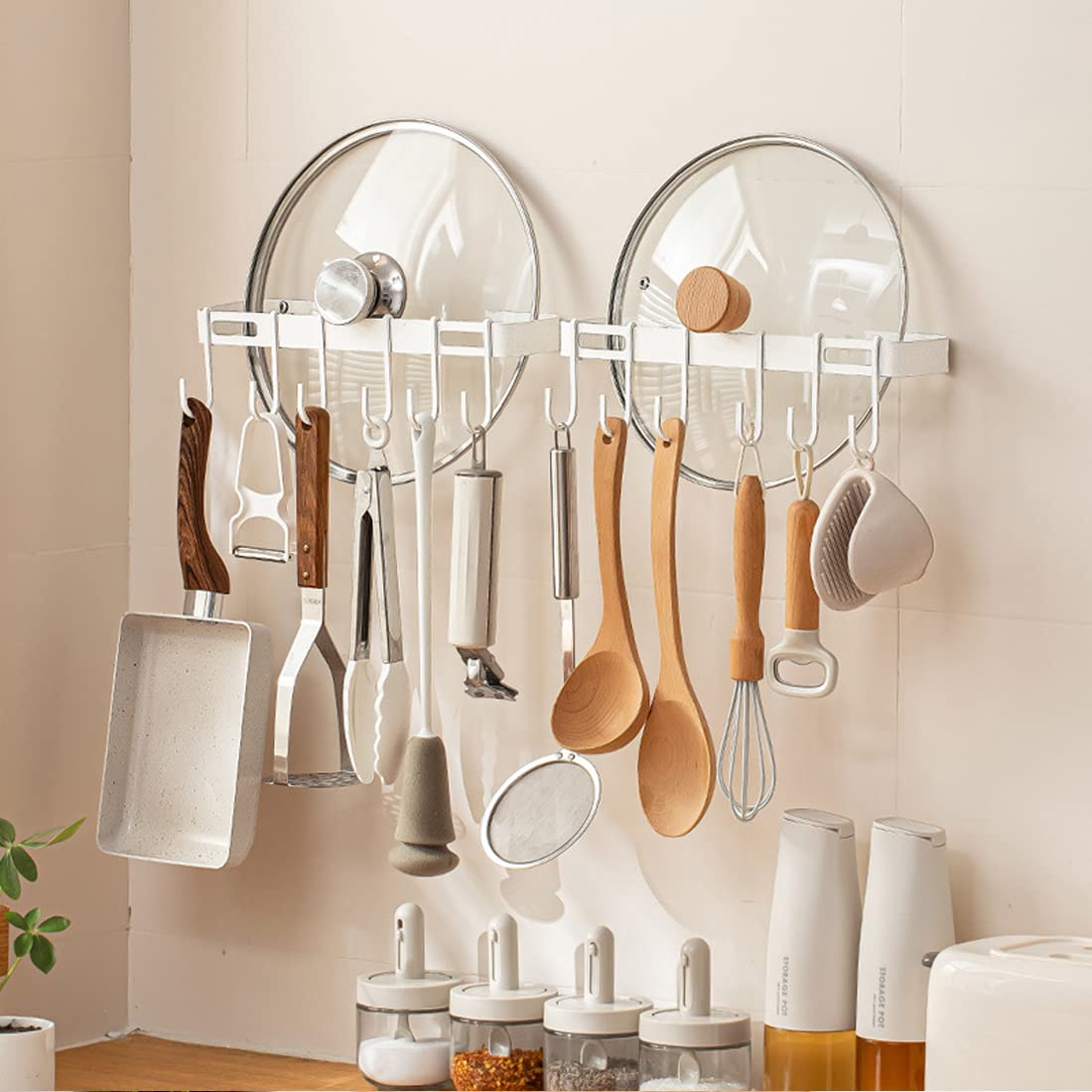 Kitchen Utensil Holder Rack, 12 Inch Pots And Pans Hanging Rack Wall Mounted, Lid Cooking Utensil Rail Hanger, 6 Sliding Hooks F