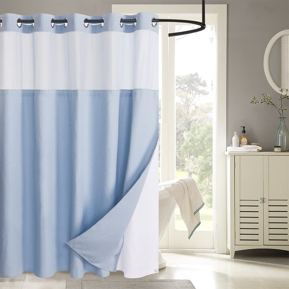 Wpm No Hooks Required Shower Curtain With Snap-In Liner Waffle Weave Design, Hotel Grade Waterproof & Washable, Mesh Top Window