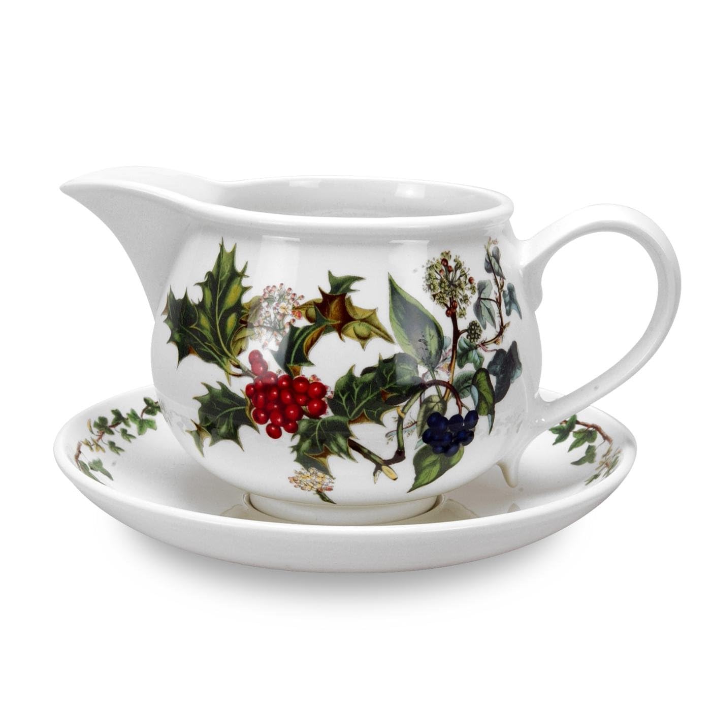 Portmeirion Holly And Ivy Gravy Boat And Stand - 1 L Capacity | Elegant Earthenware Holiday Pitcher With Holly D  Cor | Easy Pou