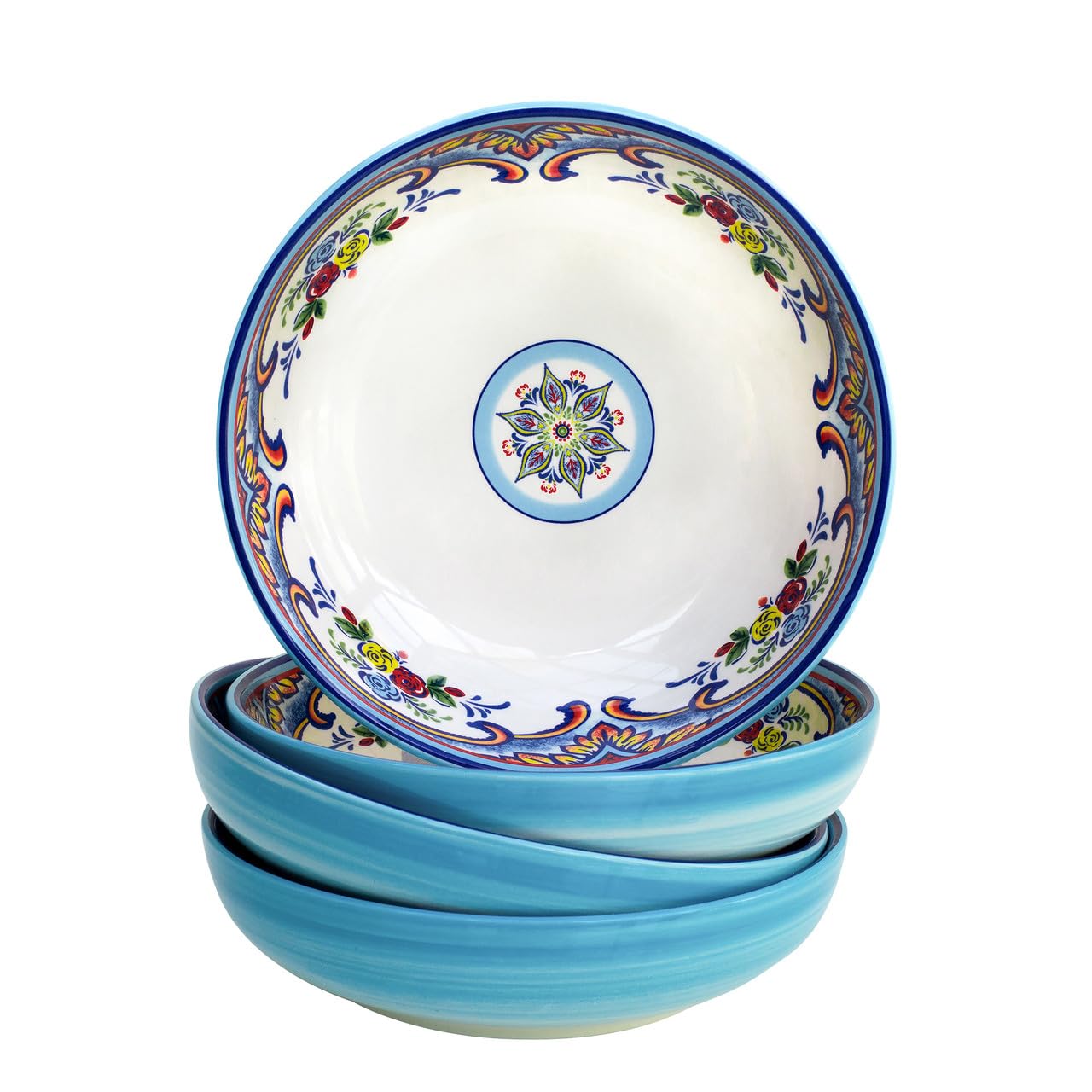 Euro Ceramica Zanzibar Collection Pasta Bowl Sets, Set Of 4, Spanish Floral Design, Multicolor Blue