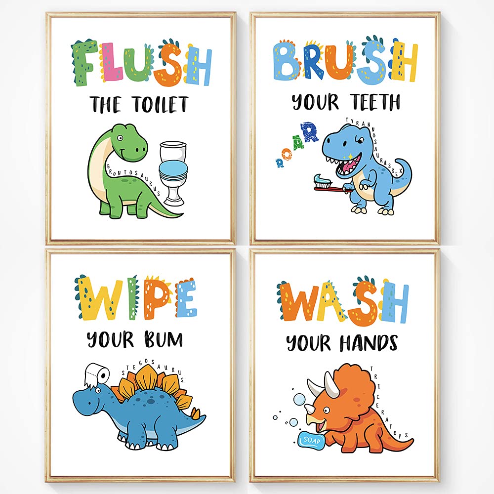Dinosaur Bathroom Decor, Funny Dinosaur Themed Bathroom Inspirational Quotes Art Print Humorous Quotes Painting, Set Of 4 (8   X