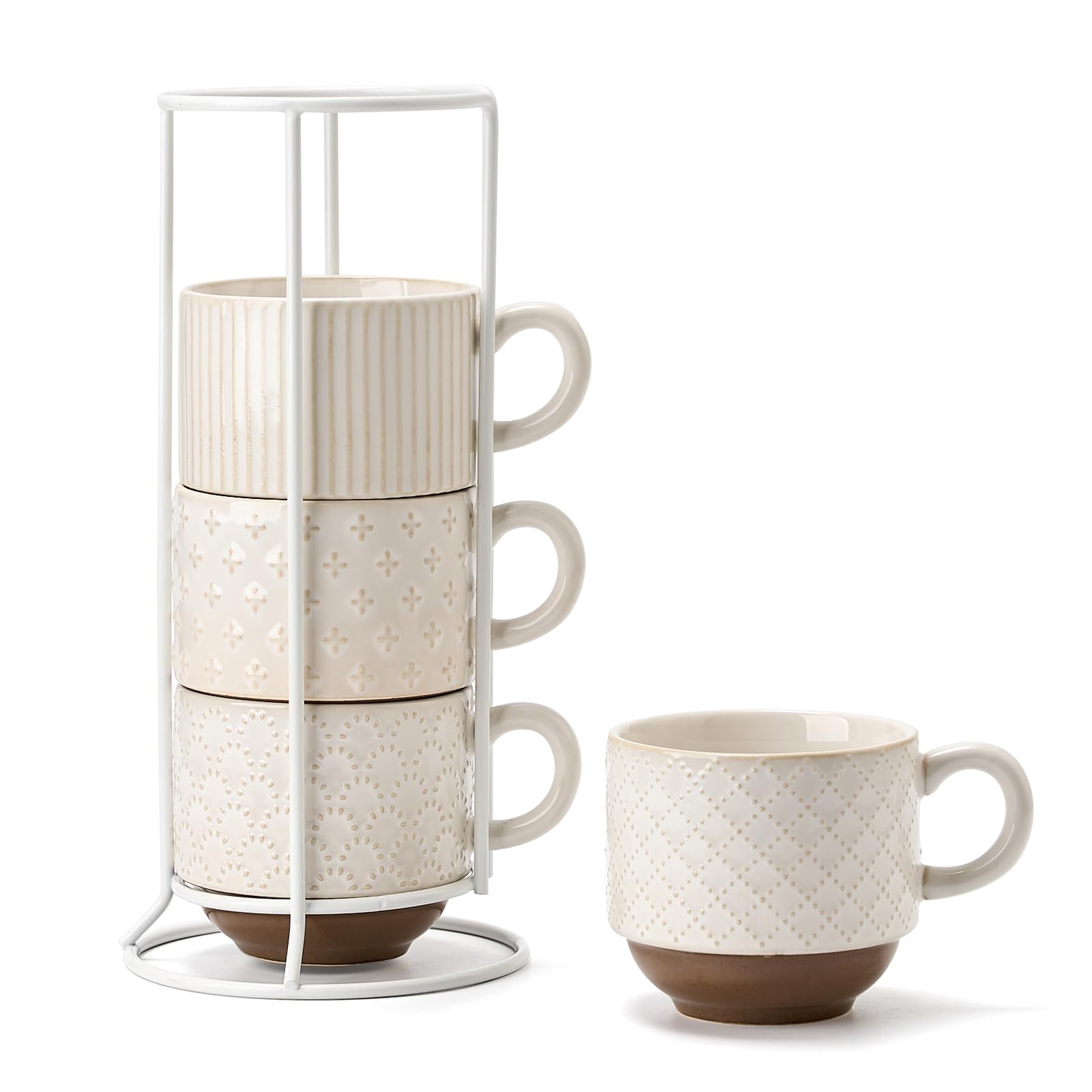 JH JIEMEI HOME Large Ceramic Coffee Mug Set of 4 with Stand, 15 Oz Stackable Different Embossment Ribbed Latte Cup Set for Cappu
