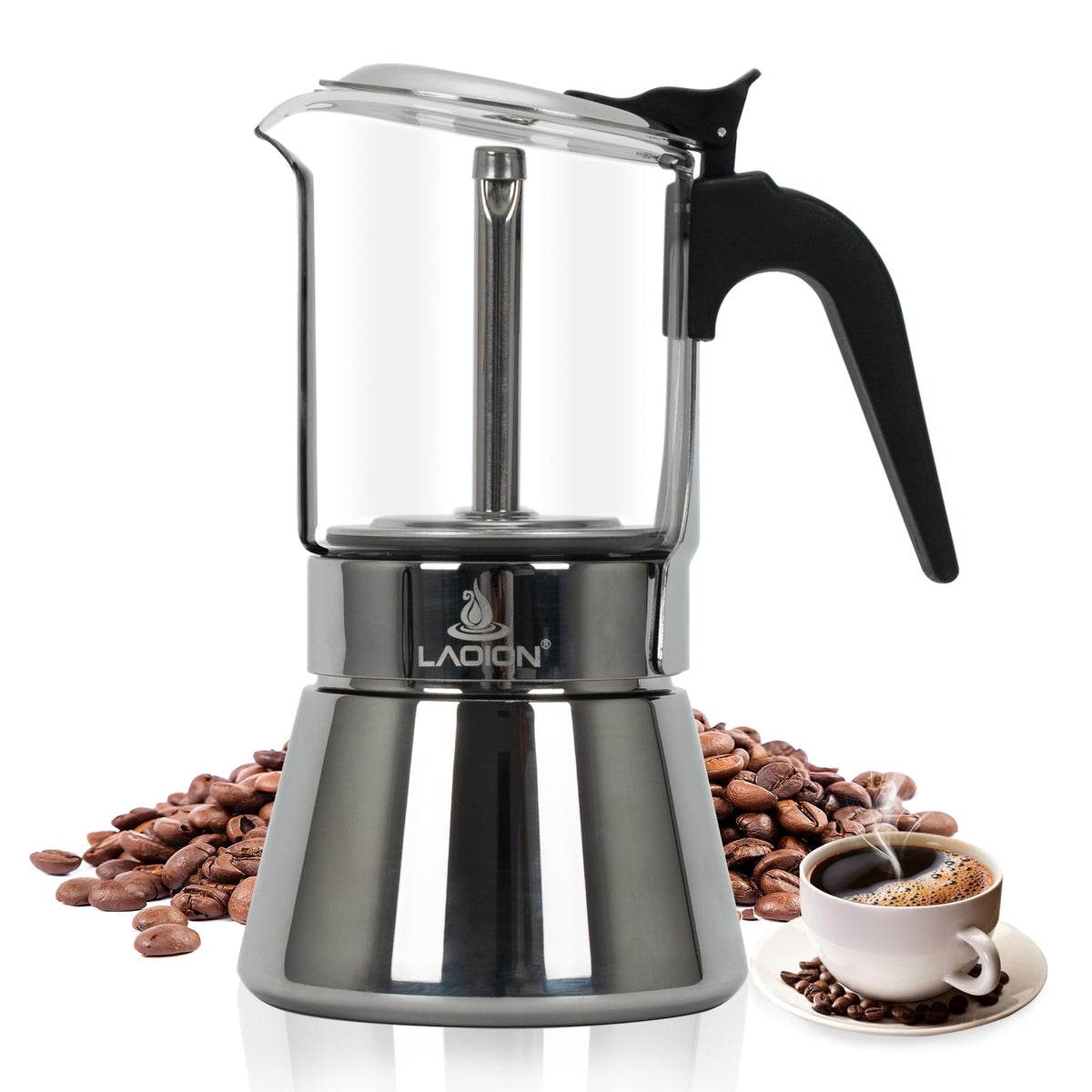 Laoion Stovetop Espresso Maker And Coffee Maker, Classic Moka Pot, Crystal Glass-Top & Stainless Steel Coffee Maker Mocha Pot, G