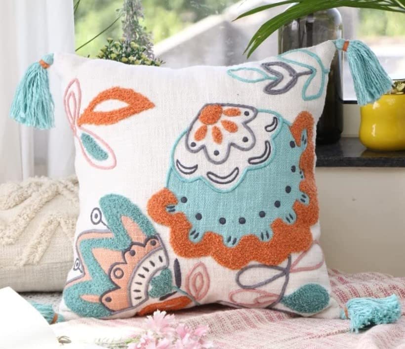 Impexart 16X16 Inch Cotton Multi Colour Flower Aari Emboridery Square For Decor Sofa,Couch,Living Room, Bedroom Indoor,Outdoor