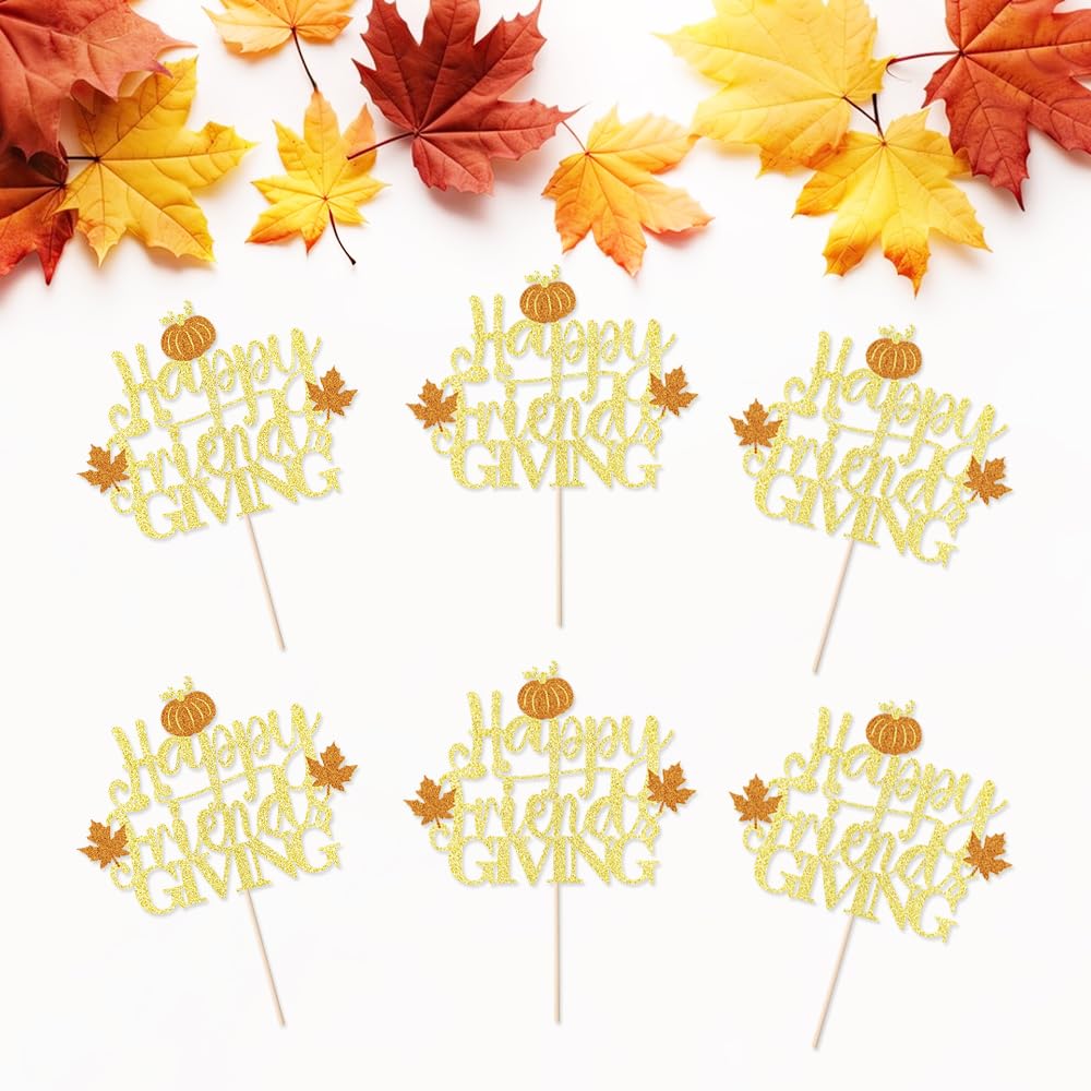 YUINYO 12PCS Happy Friends giving Cupcake Toppers Glitter Fall Theme Thanksgiving Cupcake Picks Maple Leaf Pumpkin Give Thanks C