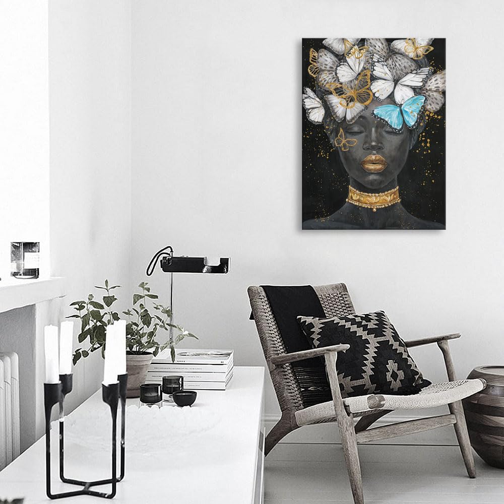 B Blingbling African American Woman Butterfly Picture: Black Woman Butterflies Wall Decor Canvas Painting For Living Room Bathro