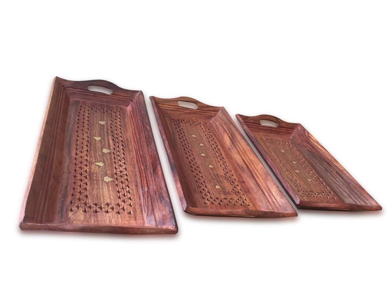 Woodykart Wooden Serving Tray/Table Decor Brown Set Of 3 Trays (Handcarved Coffee, Tea And Snacks Serving Trays)