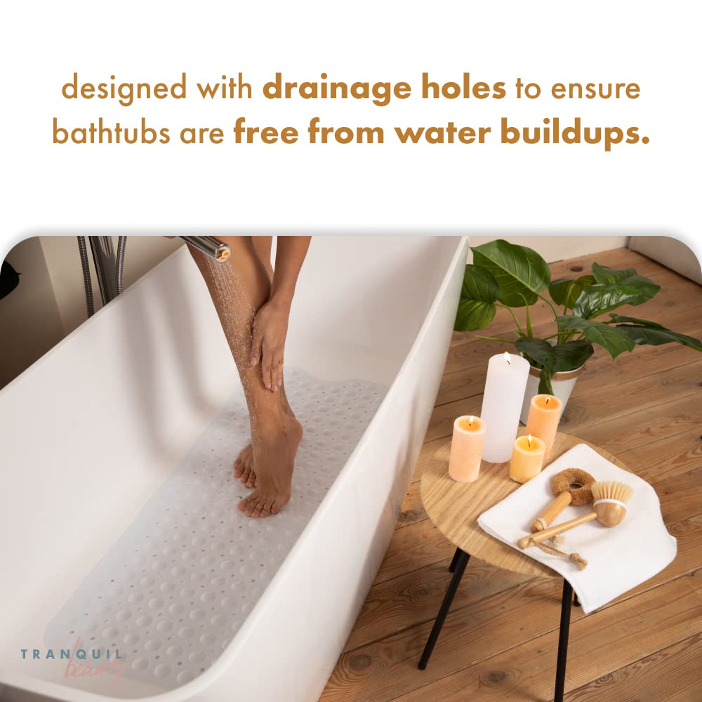 TranquilBeauty Non-Slip Bath Mat - Extra Long 40x16in, White, Machine-Washable, Suction Cups, Ideal for Elderly & Children, Model BM1W