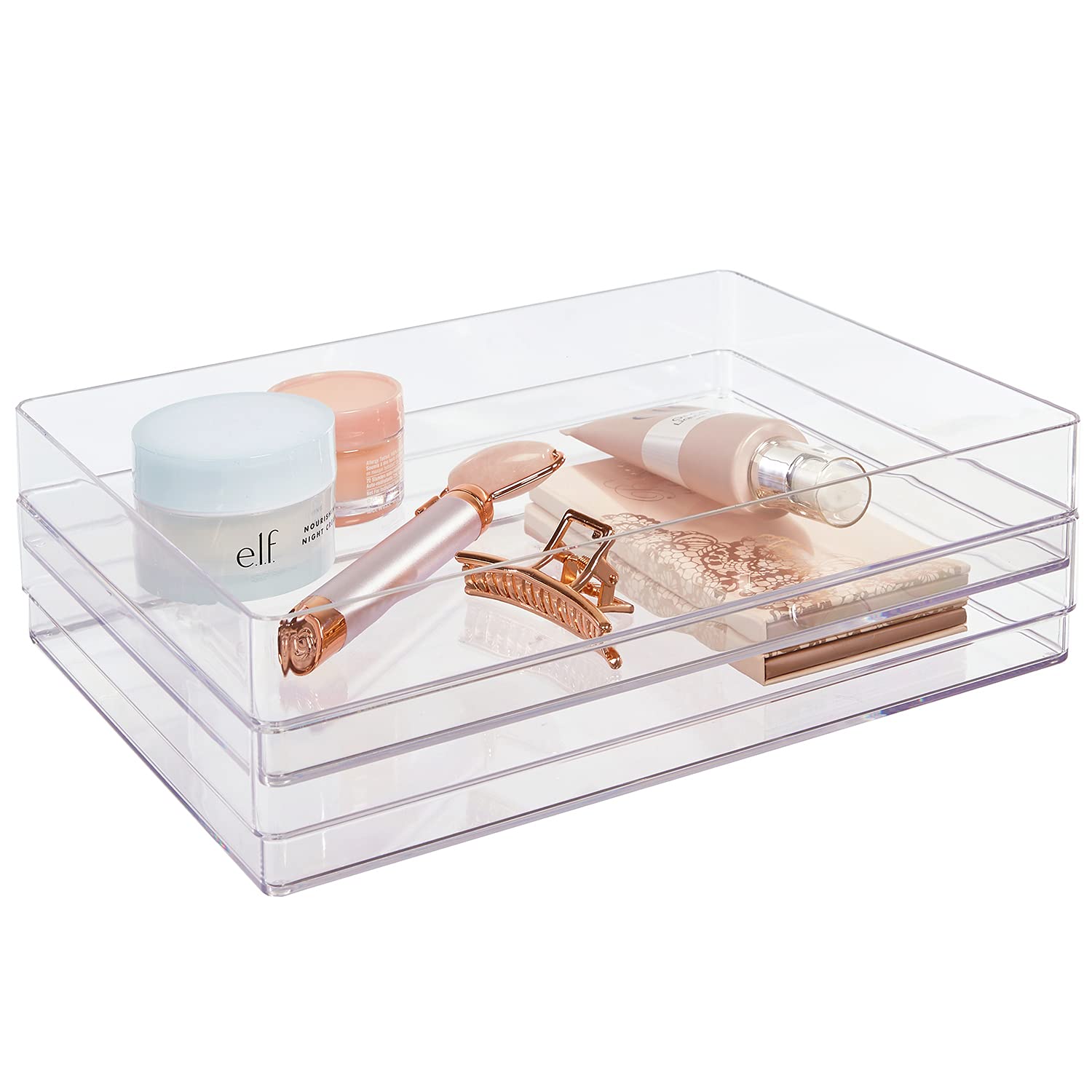 STORi SimpleSort 2-Piece Stackable Clear Drawer Organizer Set | 12'' x 9'' x 2'' Rectangle Trays | Wide Makeup Vanity Storage Bi