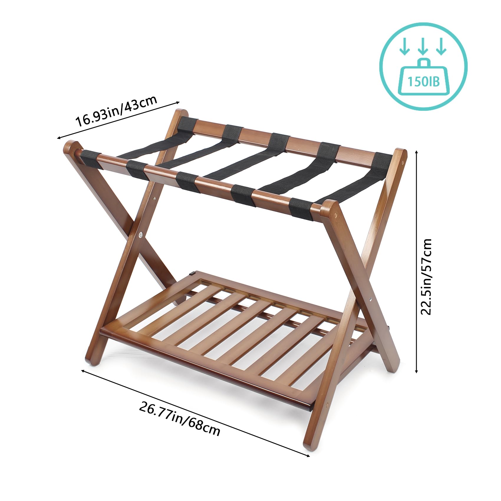 Smart Fendee Fully Assembled Walnut Bamboo Luggage Racks With Storage Shelf, 5 Heavy-Duty Straps Folding Suitcase Stand, Large L
