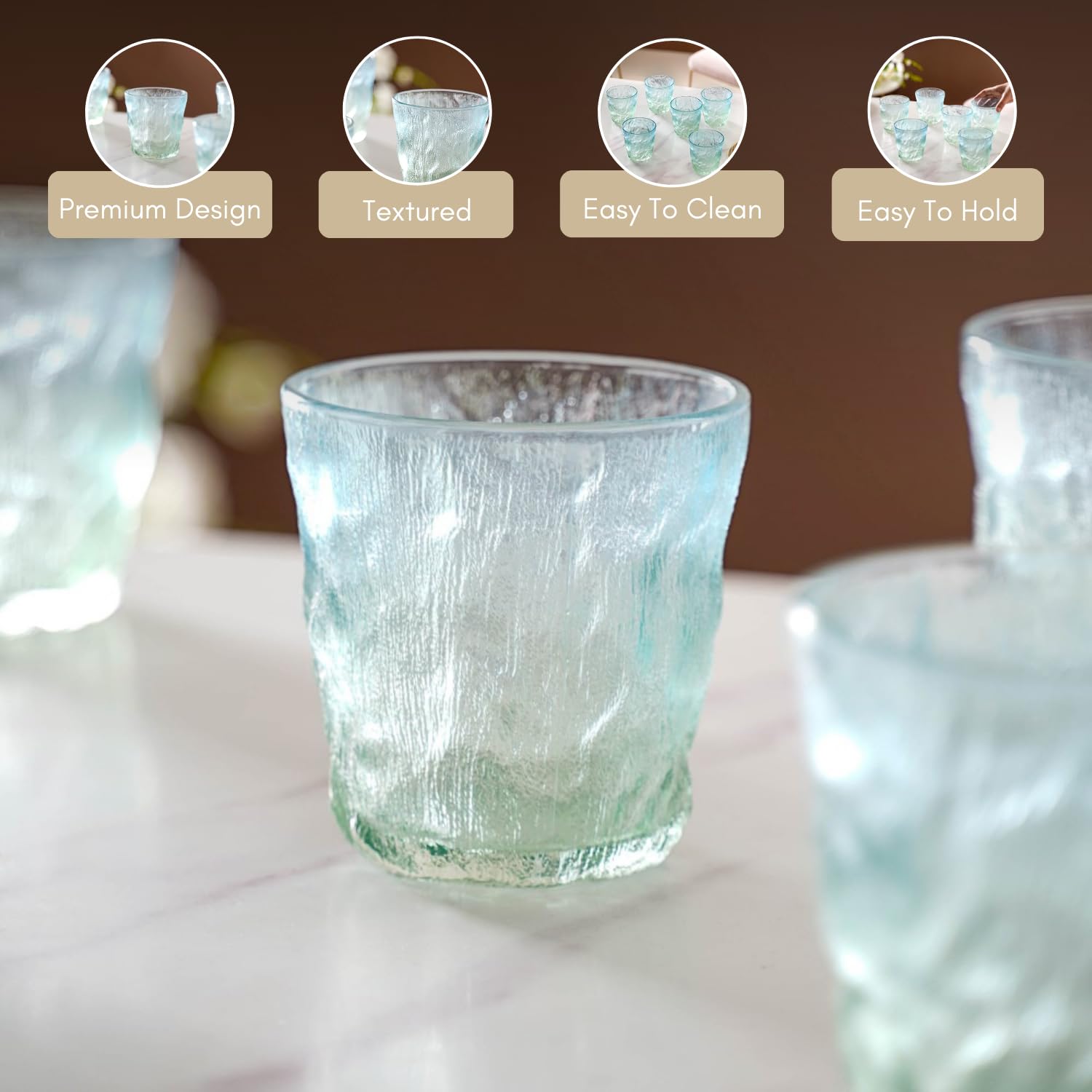 Nestasia Short Glasses Set of 6, Food-Safe and Lead-Free Tumbler, Ombre Glacier Tempered Glassware, 250ml each