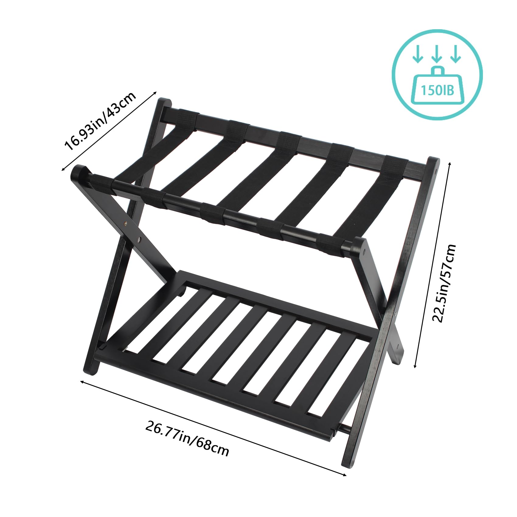 Smart Fendee Fully Assembled Black Bamboo Luggage Rack, 5 Straps Suitcase Stand With Shoe Shelf, Folding Heavy Duty Luggage Stan