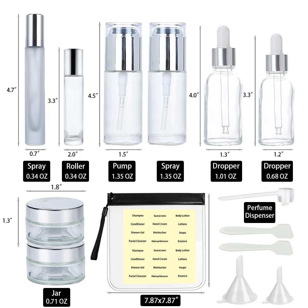 15Pack Glass Travel Bottles For Toiletries, Tsa Approved Travel Skincare Containers 1.35/0.7/1 Oz Silver Mini Travel Bottles Wit