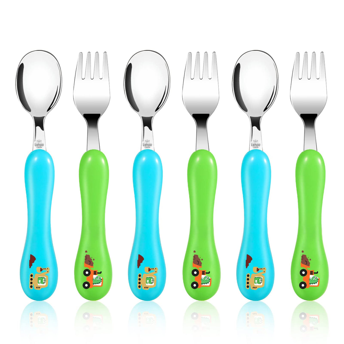 Lehoo Castle Toddler Fork and Spoon, 6pcs Toddler Utensils Kids Silverware, Safety Stainless Steel Toddler Fork Spoon Set, Child