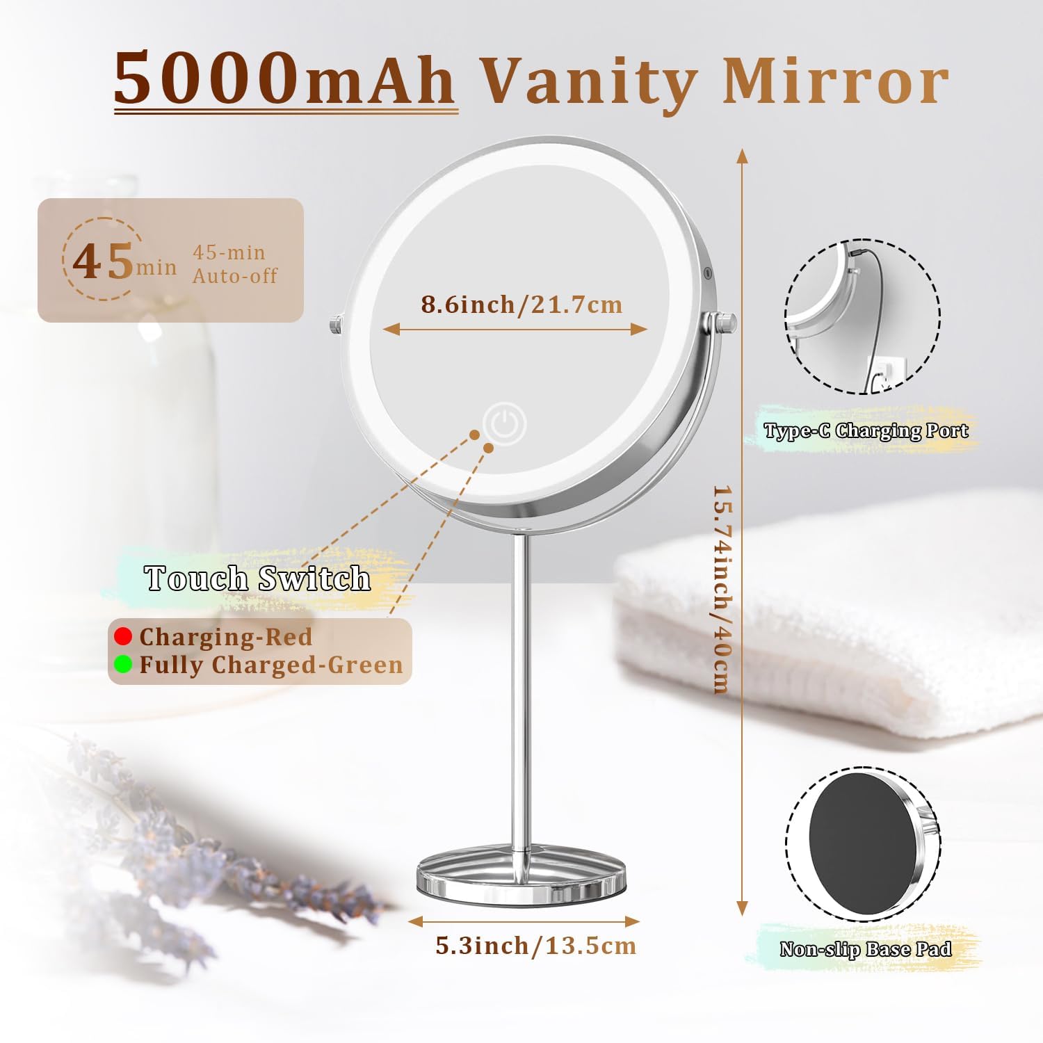 9In Vanity Mirror With Lights, Rechargeable&Dimming Lighted Makeup Mirror, 3X/20X Double Sided Magnifying Mirror,5000Mah,360 Rot