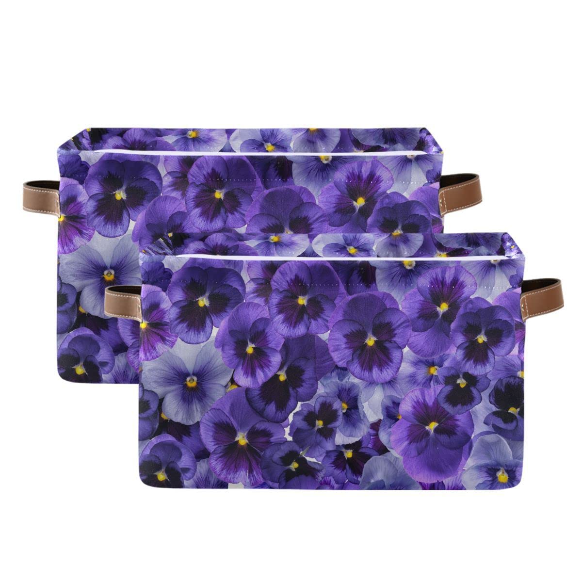 Xigua Purple Violet Flowers Storage Basket Collapsible Toy Storage Bins Waterproof Canvas Storage Basket With Leather Handles Fo