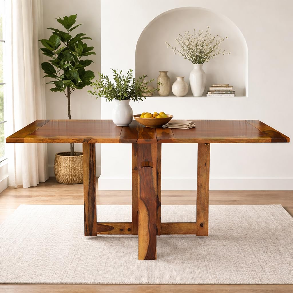Angel Furniture Solid Sheesham Wood Foldable Dining Table Compact Design (Plain Top, Honey Finish)