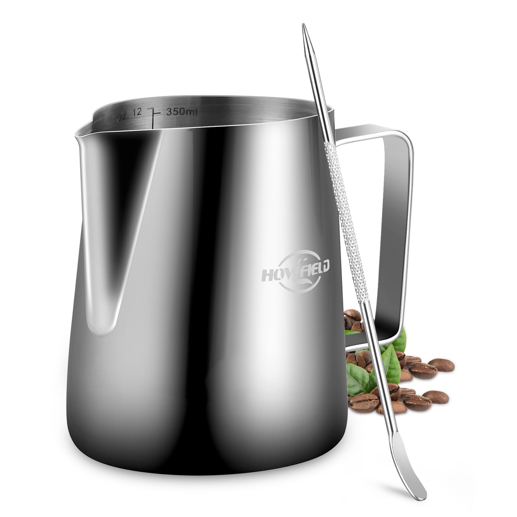 HOWFIELD 12oz Milk Frothing Pitcher – 304 Stainless Steel, Anti-Scald Handle, Latte Art Pen, Silver - Barista Tool for Coffee Lovers