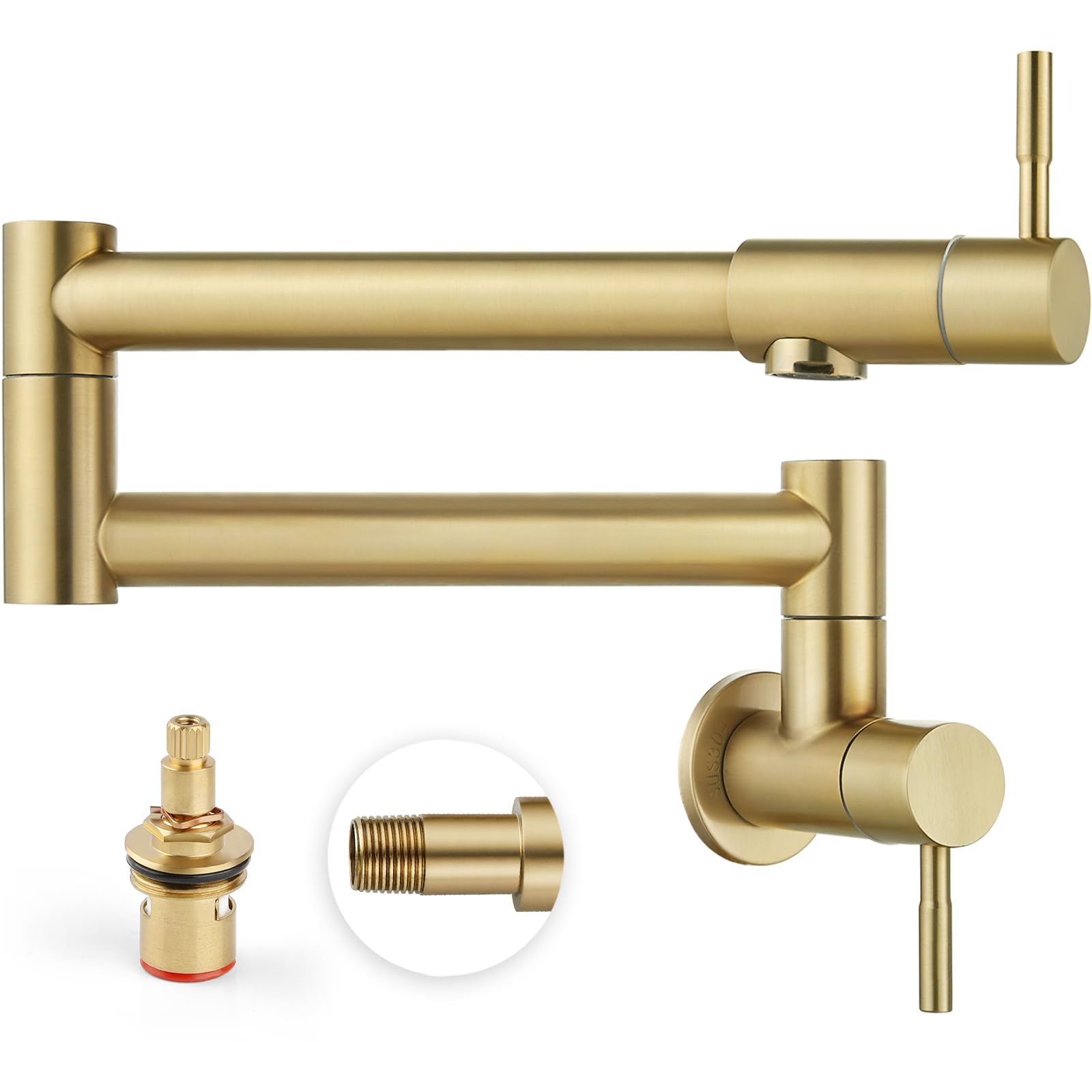 Heyalan Brushed Gold Pot Filler Faucet 19 Inch Folding Stretchable Wall Mount Kitchen Restaurant Faucet SUS304 Stainless Steel with Double Joint Swing Arm Single Hole Two Handles Commercial NPT
