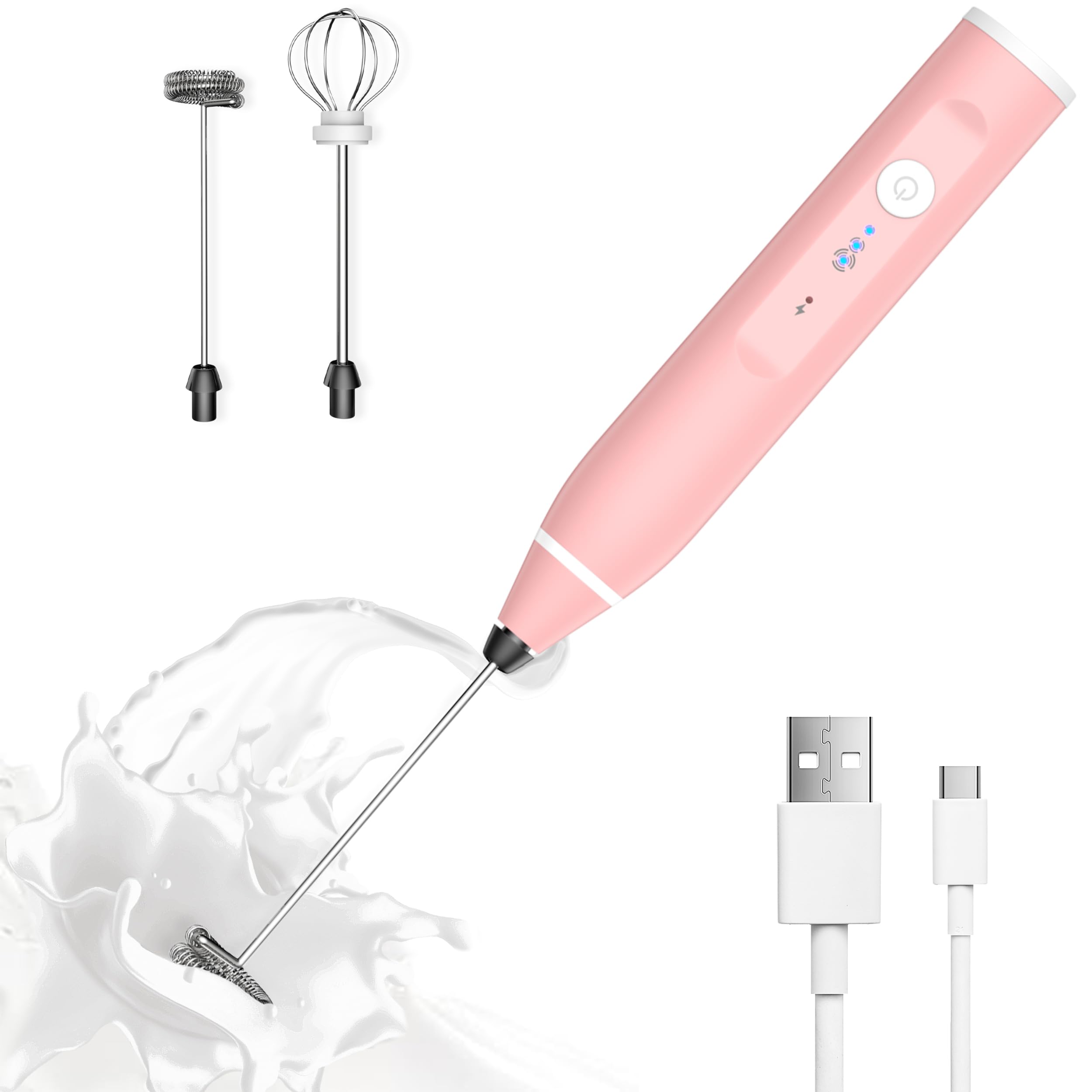 Milk Frother Rechargeable Handheld Electric Whisk Coffee Frother Mixer with 3 Stainless whisks 3 Speed Adjustable Foam Maker Blender for Coffee Matcha Latte Cappuccino Hot Chocolate(Classic Pink)