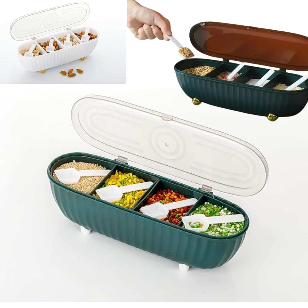 Livionix Multipurpose Plastic 4 In 1 Masala Box For Kitchen, Transparent Pickel Box, 4 Compartment Storage Container Airtight Fo