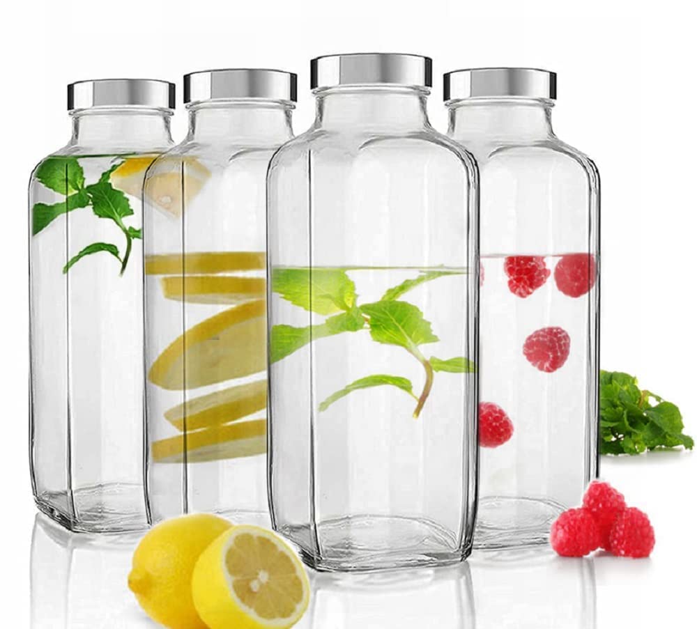 Brezzycloud Water Bottle With Leak-Proof Stainless Steel Lid - Water, Smoothie, Juicer And Beverage Glasses (Set Of 4, 1000Ml Fr