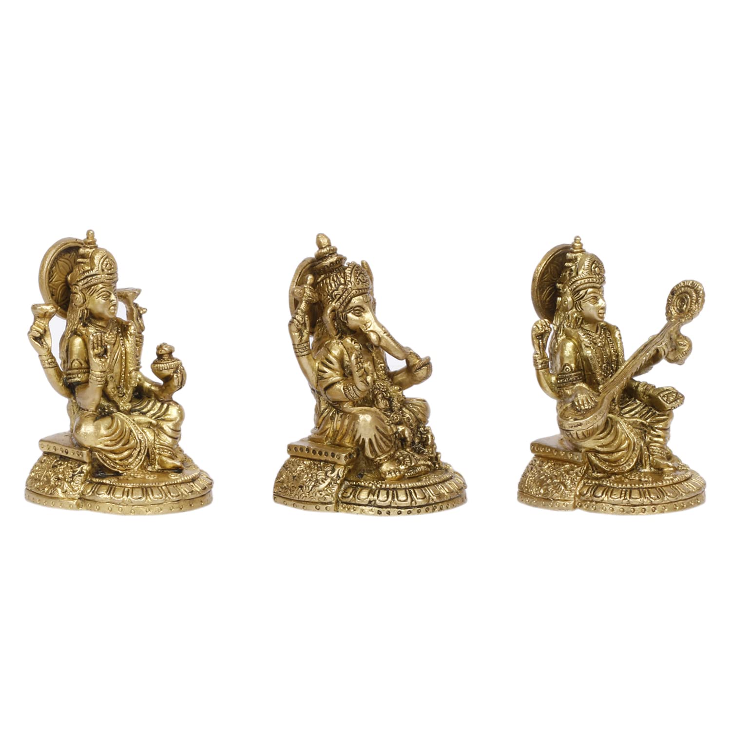 Kartique Brass Laxmi Saraswati Ganesh Metal Statue Of Bhagwan Idol Ganpati Murti For Home Office Success Entrance Decor Pooja Gi