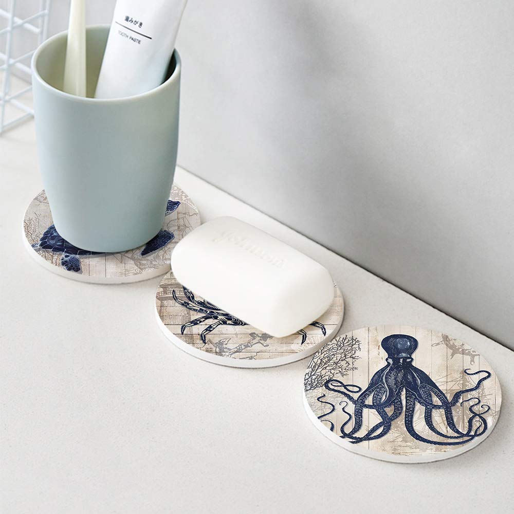 Absorbent Coasters Natural Ceramic Thirsty Stone Navy Blue Octopus Seahorse Crab Turtle Ocean Theme Coaster Set for Drinks Cork Backing (sea Animals)