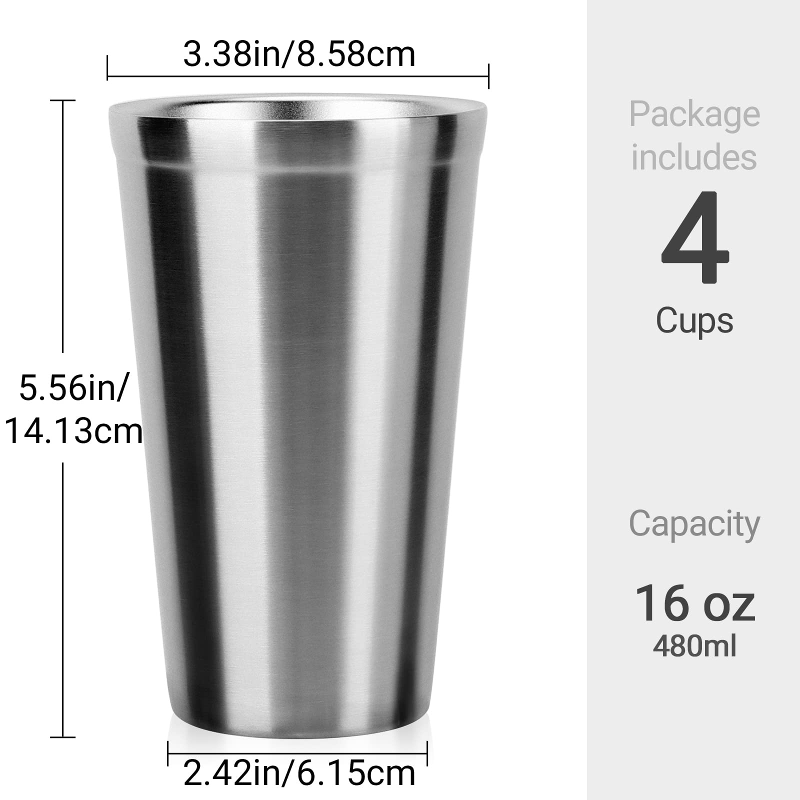 Beasea Stainless Steel Cups 16 Oz, 4 Pack Stainless Steel Tumbler Stackable Double Wall Vacuum Insulated Metal Drinking Glasses