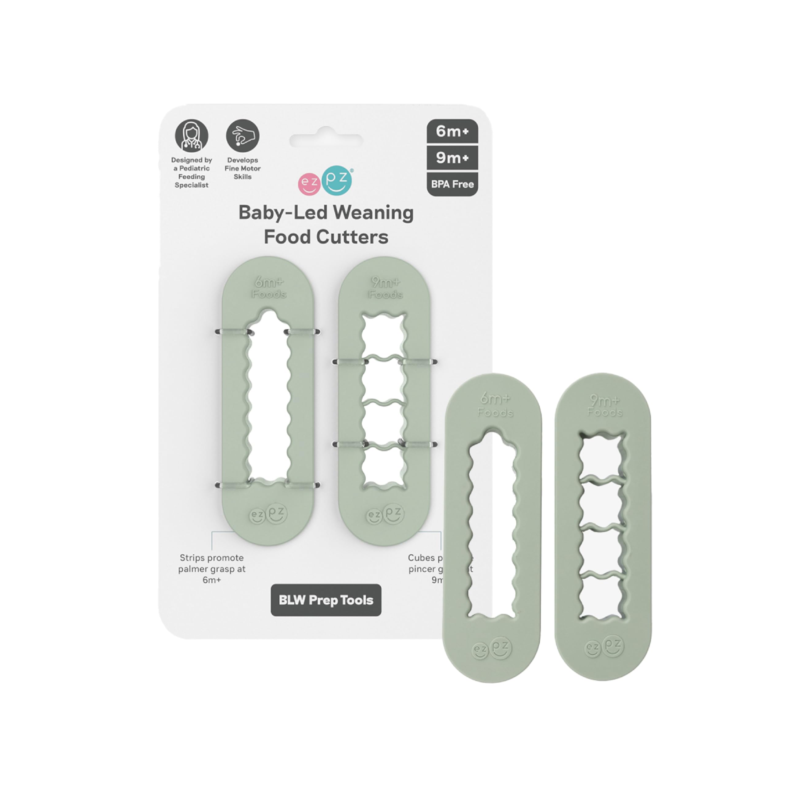 ezpz Baby-Led Weaning Food Cutters (2 pack in Sage) - 6 / 9 Months + - Food Prep for Infants