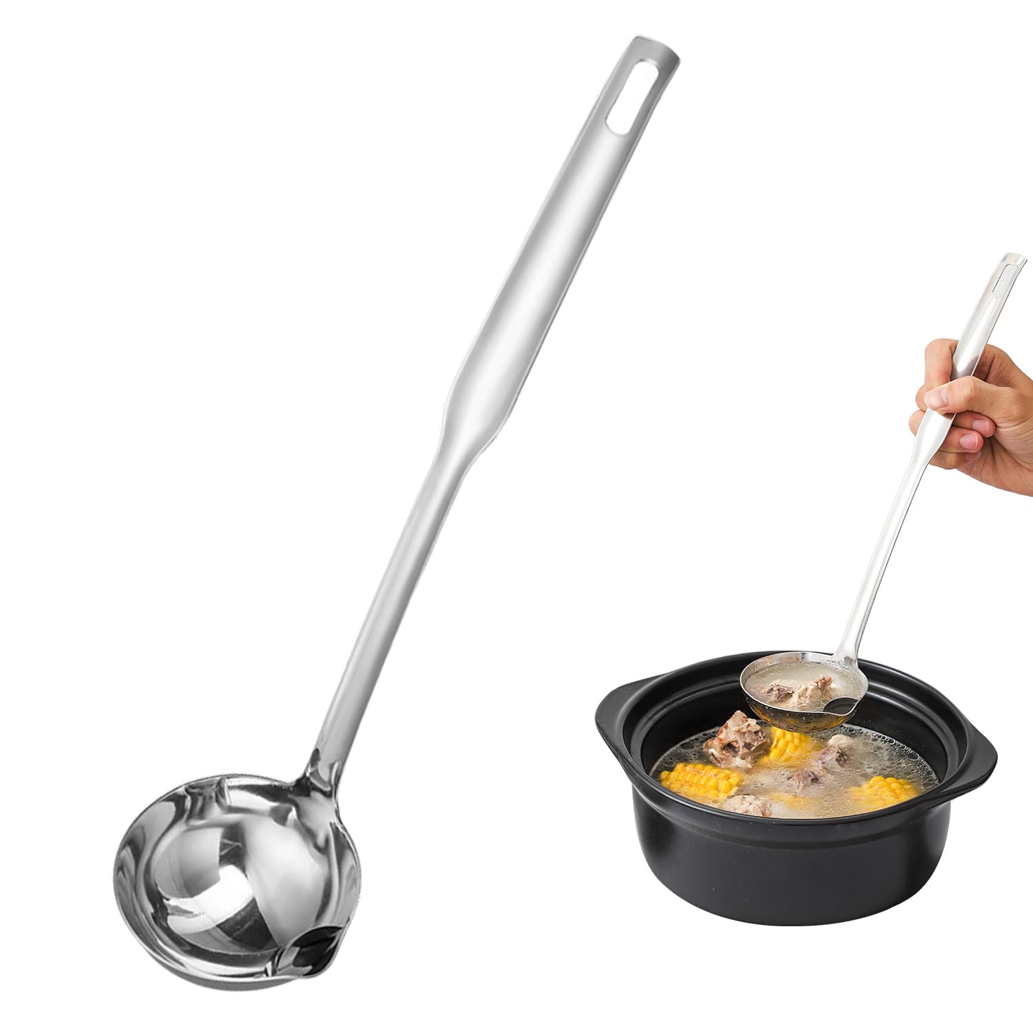 Oil Separator Soup Ladle, 12.6in Stainless Steel Oil Filter Skimmer Spoon Grease Strainer Gravy Food Fat Spoon Soup Colander wit