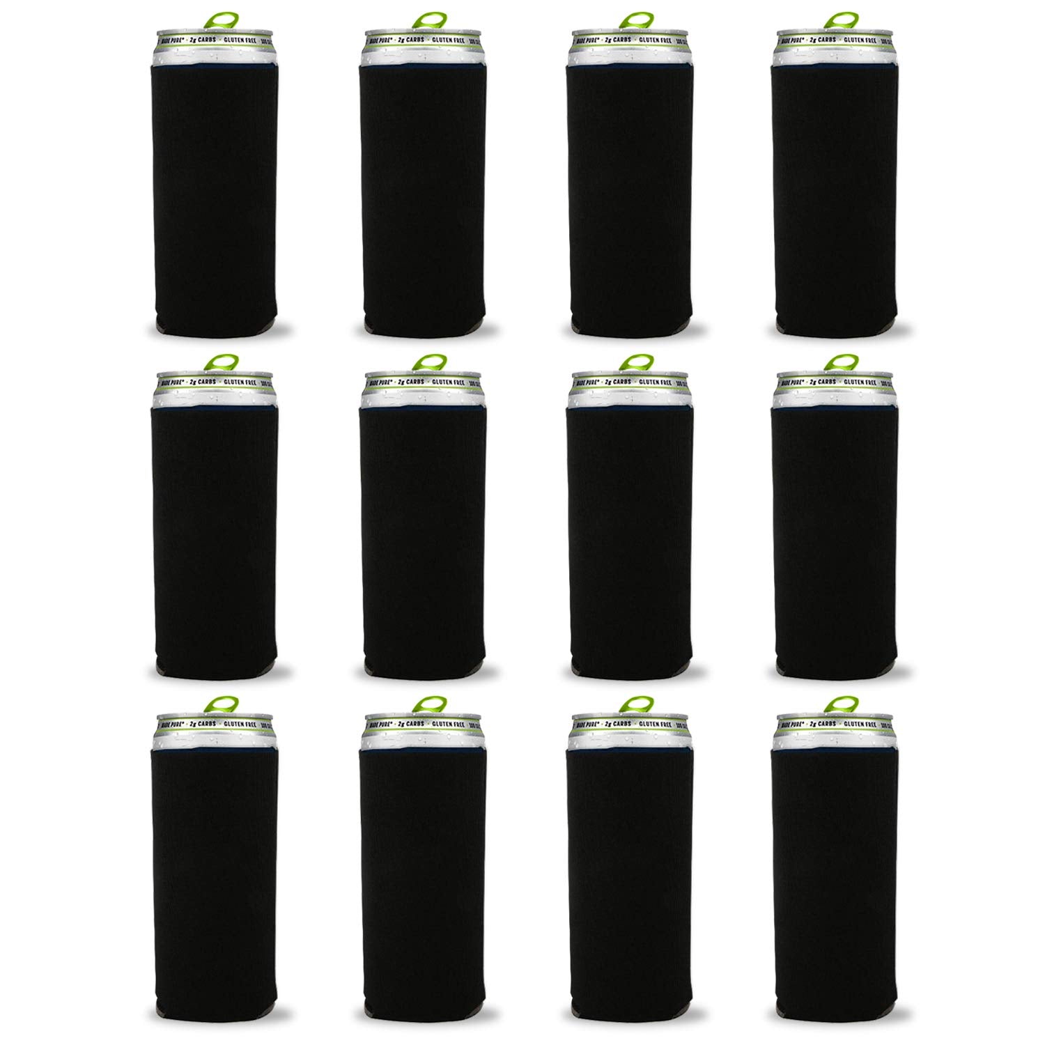 Kropsis Collapsible 12 Oz Slim Can Cooler Sleeves Blank Fabric Scuba Foam (Black, 24)