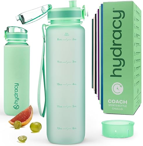 Hydracy Water Bottle with Time Marker -Large 32oz BPA Free Water Bottle & No Sweat Sleeve -Leak Proof Gym Bottle with Fruit Infuser Strainer & Times to Drink -Ideal Gift for Fitness Sports & Outdoors