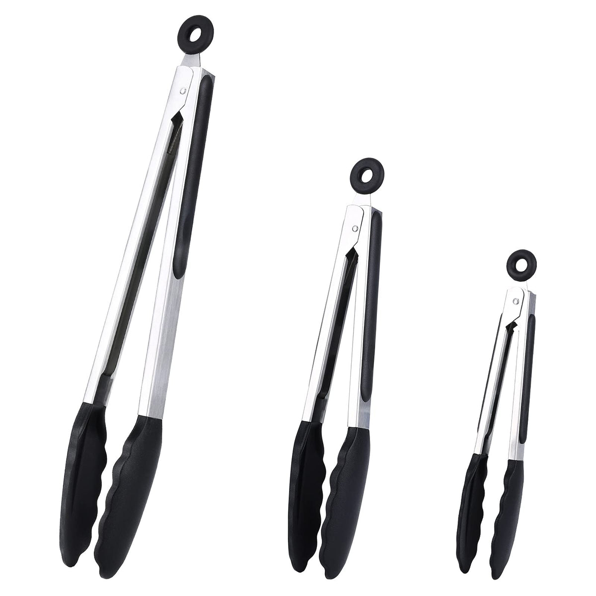 Kitchen Tongs Set Of 3, Black Cooking Tongs With Silicone Tips, Stainless Steel Serving Tongs, Non-Stick Non-Scratch Heat Resist