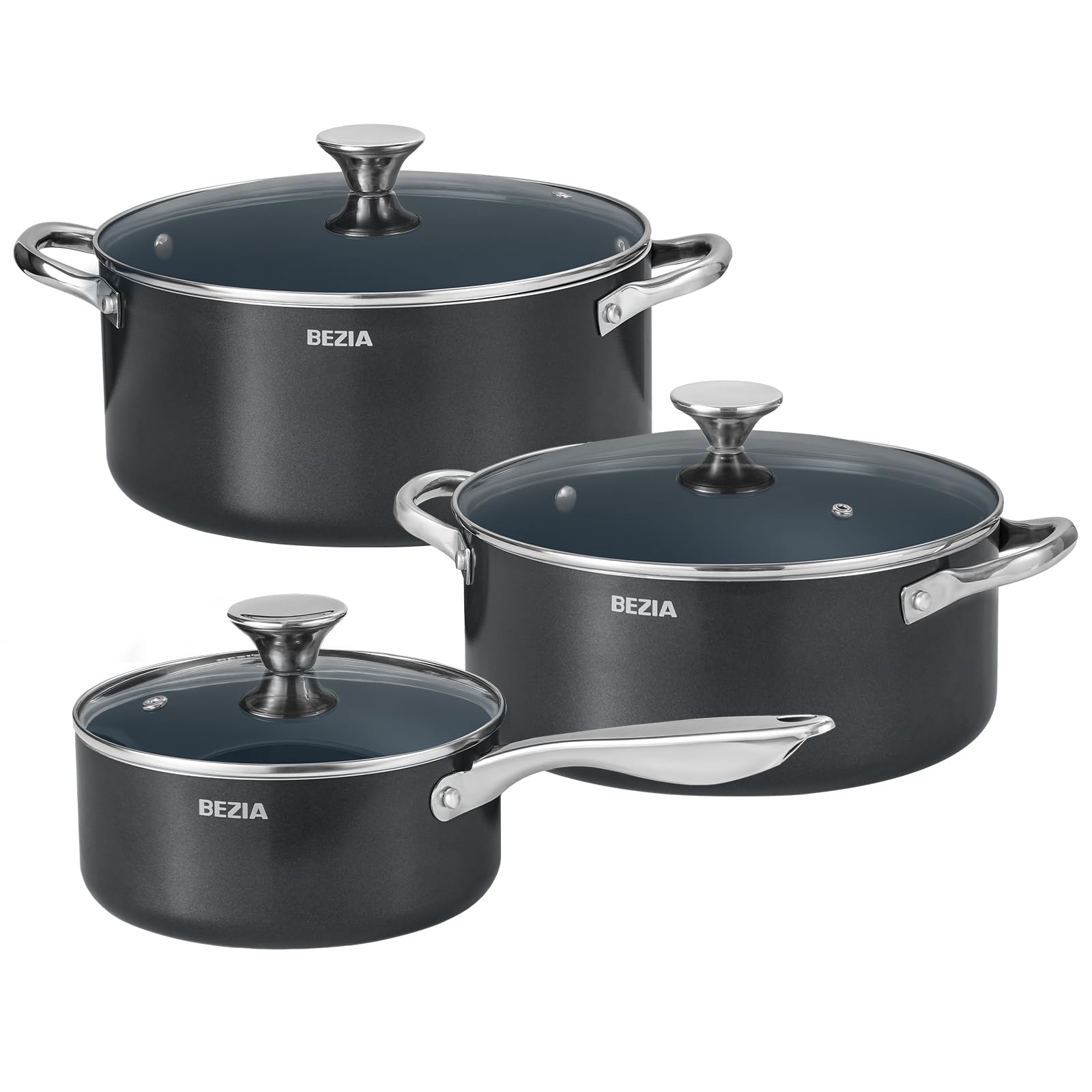 Bezia Nonstick Induction Cookware Set, 6Piece Pots And Pans Set With Lids