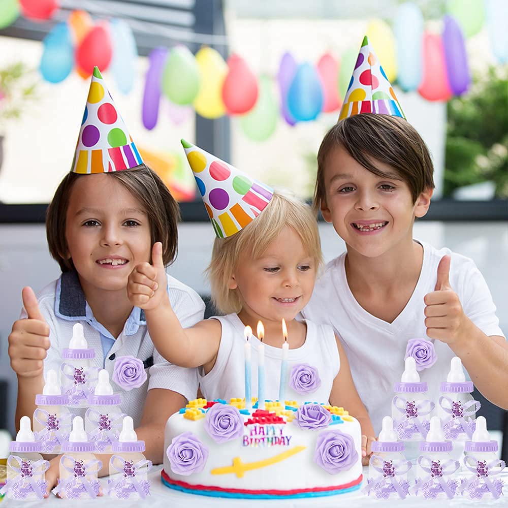 Macting 2 Dozens 35 Inch Feeding Bottle Candy Box With 5Pcs Artificial Flower Rose For Baby Shower Favor Gift Decoration (Purple
