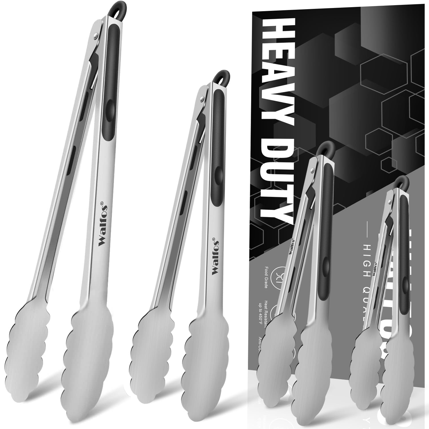 Walfos Stainless Steel Kitchen Tongs For Cooking, Bbq - 7 ,9, 12 And 14 Inch,Set Of 4 Heavy Duty Locking Metal Food Tongs Non-Sl