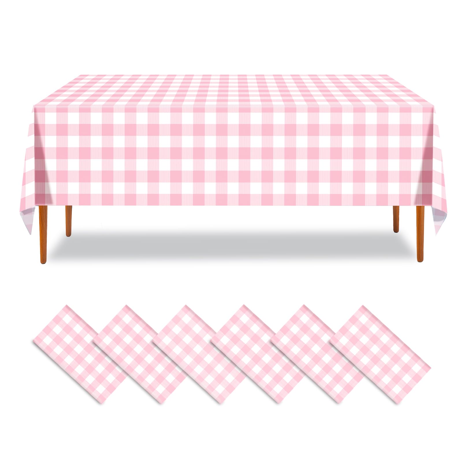 ZHIAXTON 6 Pack Pink Gingham Tablecloth,54 X 108 Inch Disposable Plastic Pink and White Tablecloth for Tea Party,Birthday,Weddin