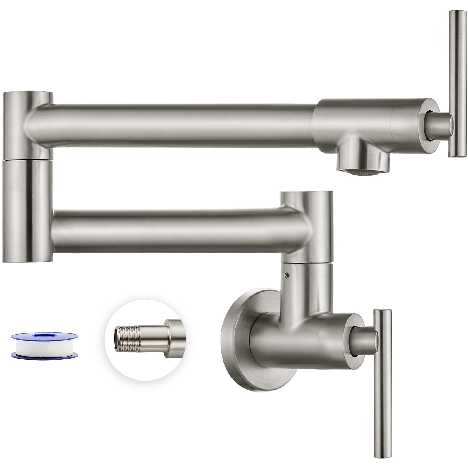 Heyalan Pot Filler Faucet Wall Mounted Stainless Steel 19 Inch 304 Brushed Nickel Double Joint Swing Folding Arms with Two Handles Single Hole Commercial Kitchen Faucet Control Water