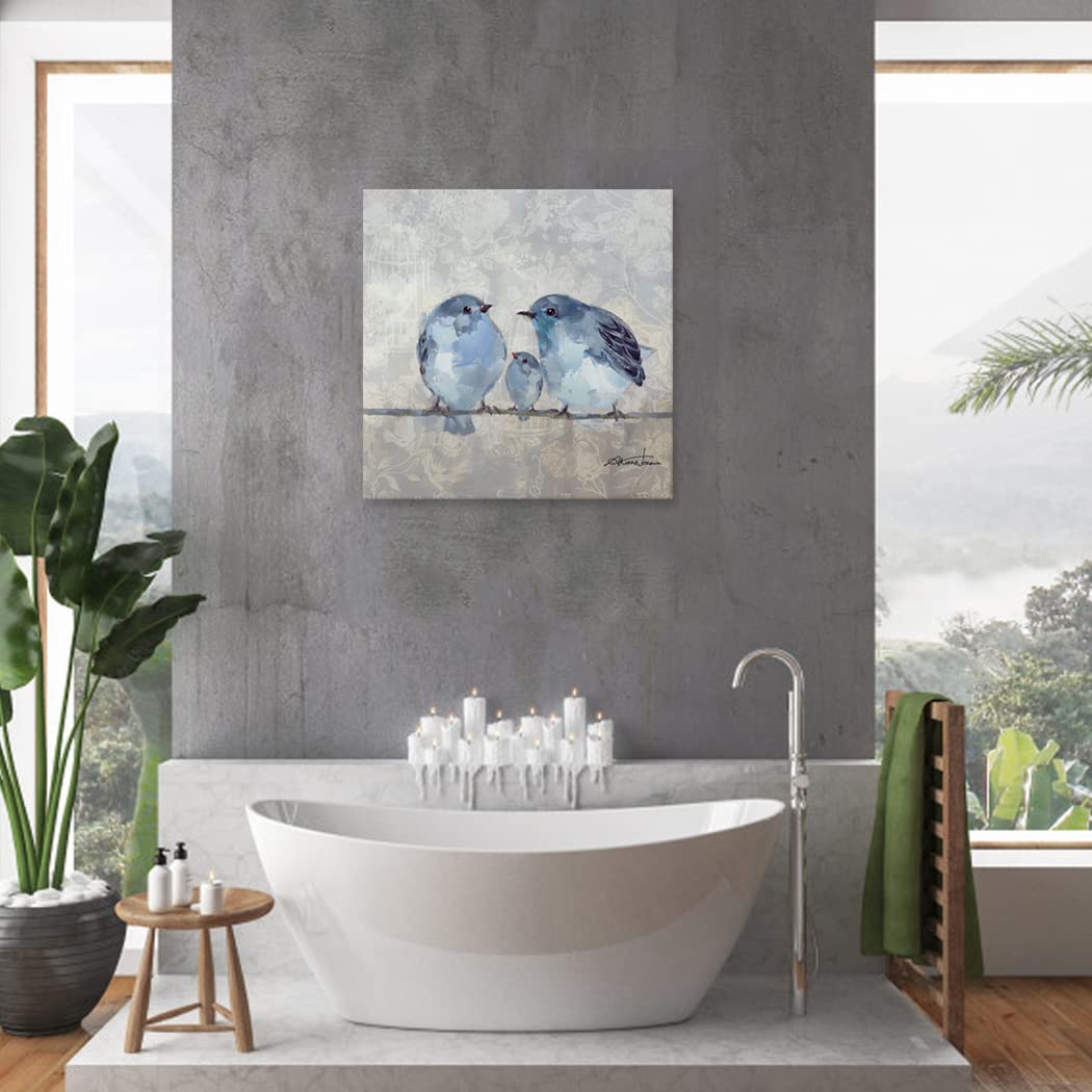 Bathroom Bird Decor Wall Art, Blue And Gray Wall Pictures, Bluebird Artwork On Canvas For Kids Room 20X20