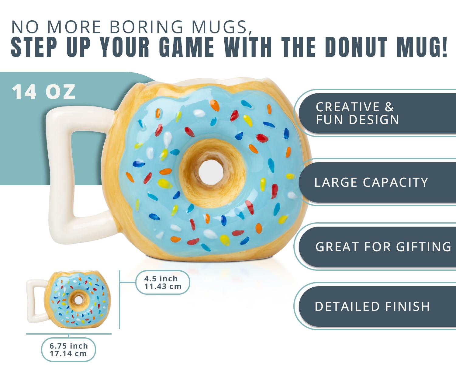 Ceramic Donut Mug - Delicious Chocolate Glaze Doughnut Mug with Sprinkles - Funny ''MMM... Donuts!'' Quote - Best Cup For Coffee