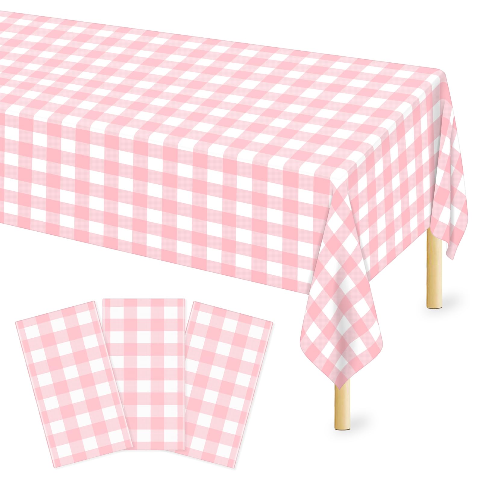 Mulbozy Pink Gingham Tablecloth Disposable 3 Pack, 54    108 Inch Pink and White Checkered Table Cloth, Plastic Table Cover for 